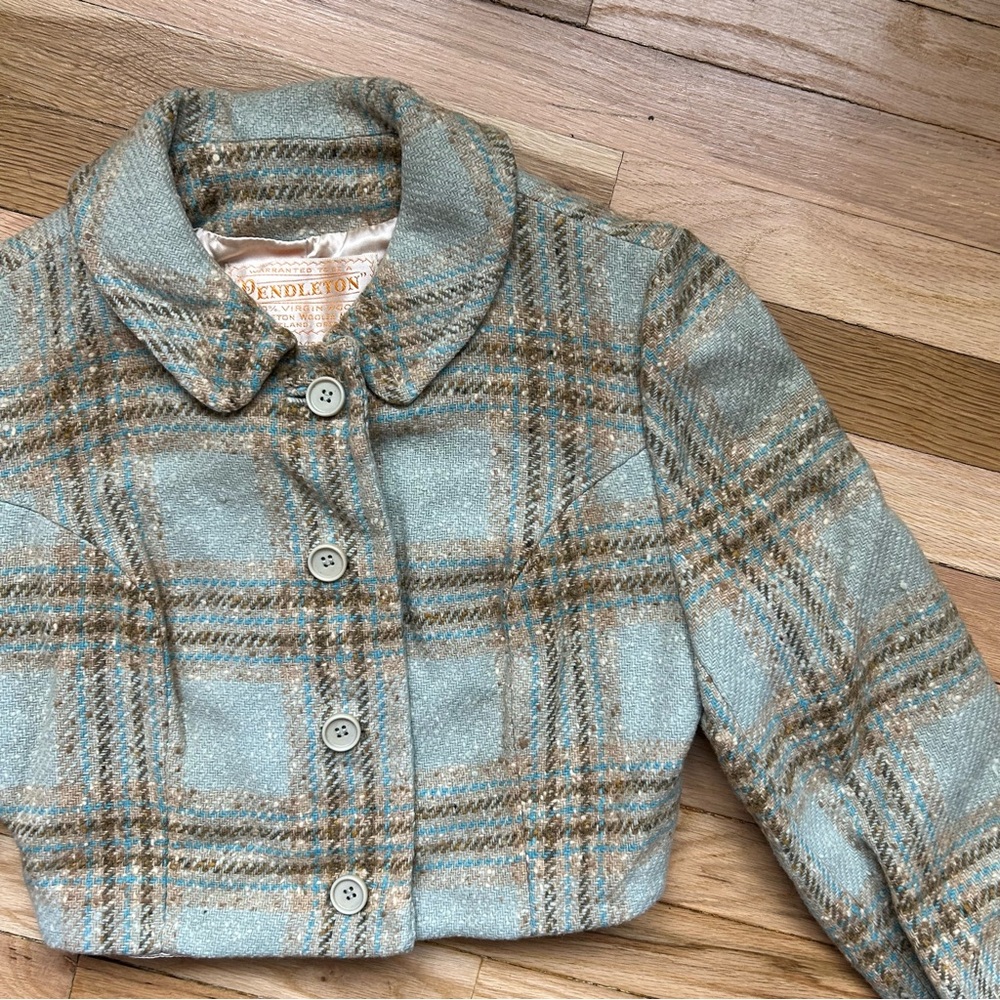 VINTAGE 50s 60s Turquoise Pendleton Plaid Cropped Jacket - Picture 7 of 9